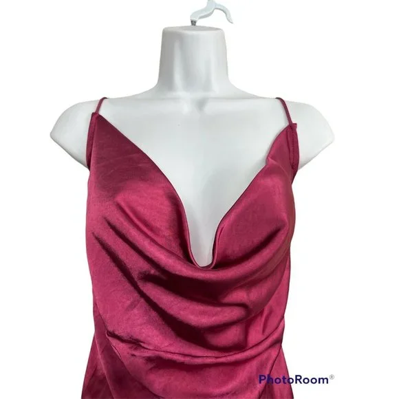 Bridesmaid Lioness Slip Dress 10 XL Magenta Cowl Neck Long Front Slit Sexy Maxi - Picture 5 of 11